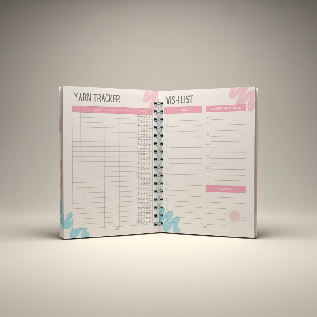 Un agenda à spirales ouvert sur une page "YARN TRACKER" et "WISH LIST". La page présente des sections aux couleurs pastel